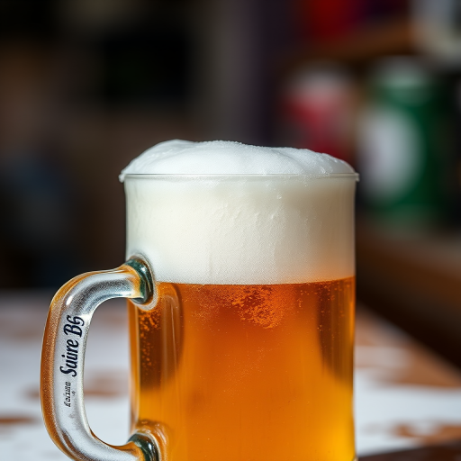 Create a high-resolution image of a frosty beer mug filled with golden beer and a thick foam head, captured with a DSLR camera, f-stop at f/2.8 for shallow depth of field, ISO 100 for minimal grain, 50mm lens for a close-up shot, bright lighting to enhance texture and color contrast.