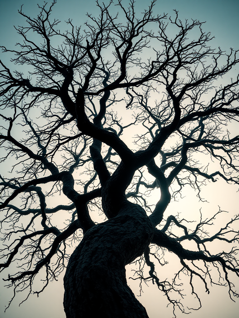 Create a highly detailed 3D rendering of a twisted, leafless tree with intricate branching, using a Canon EOS R5 with a 50mm f/1.2 lens, aperture set to f/8, ISO 100, shot from a low angle to enhance the dramatic silhouette against a bright background, utilizing HDR imaging for better dynamic range and texture.