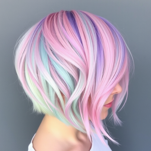 Whimsical Pastel Rainbow Bob combining soft pastel shades of pink lavender mint and baby blue in a perfectly blended short bob haircut with slightly textured ends