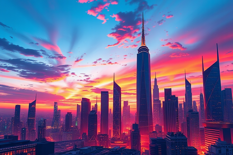 Create a high-resolution illustration of a futuristic city skyline at sunset with vibrant colors, using a DSLR camera at f/8, ISO 200, 1/125s, wide-angle view, with a focus on dynamic lighting effects and intricate architectural details.