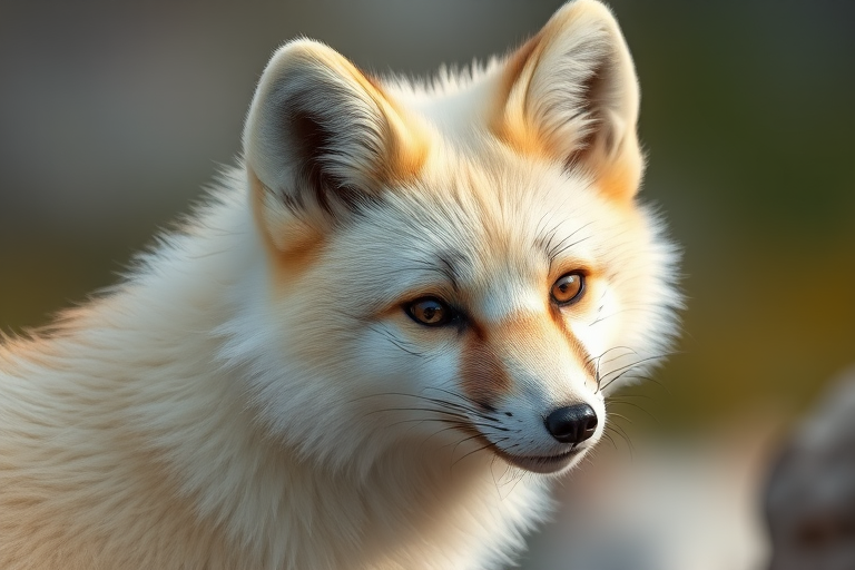 photograph a close-up of an Arctic fox with a soft focus background, using a Canon EOS R5, 85mm f/1.2 lens, aperture f/1.2, ISO 200, shutter speed 1/250s, natural lighting, portrait orientation