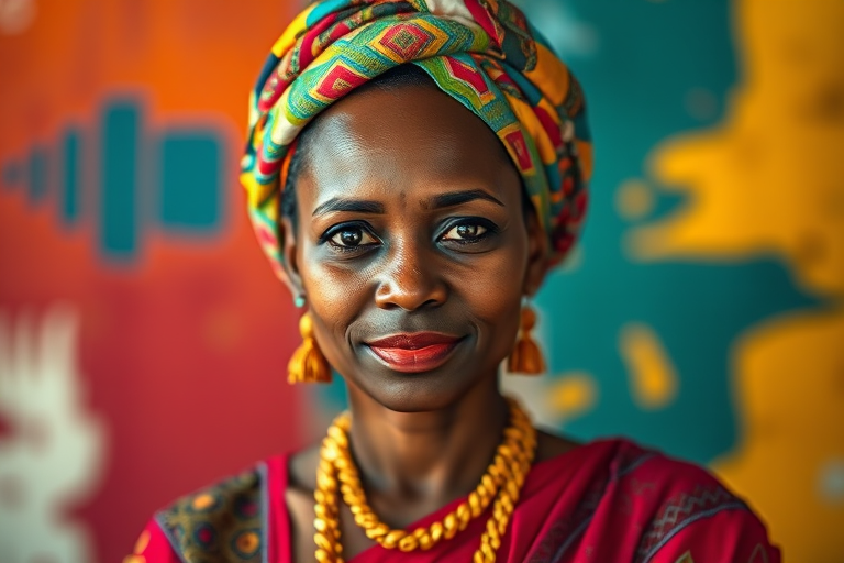 portrait of a woman in vibrant traditional attire with a colorful headwrap, soft lighting, shallow depth of field, 50mm lens, f/1.8, ISO 100, shot at eye level with a full-frame DSLR camera, against a bold abstract background
