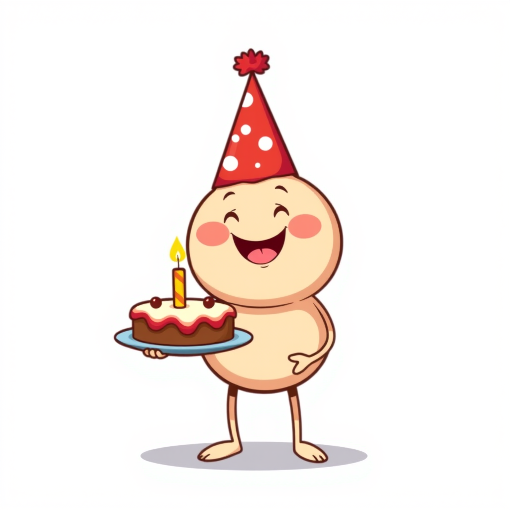 A cartoon character with a round body wearing a festive red party hat holding a cake with a candle on a plate smiling happily in a simple, colorful style.