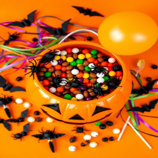 Create an overhead view of a Halloween themed scene featuring an orange pumpkin bucket with a smiling face filled with black spider decorations and colorful candy. Surround the bucket with small black bats, plastic eyeballs, a yellow balloon, and colorful streamers all against a bright orange background. Include a few small plastic insects and lollipops for added detail.