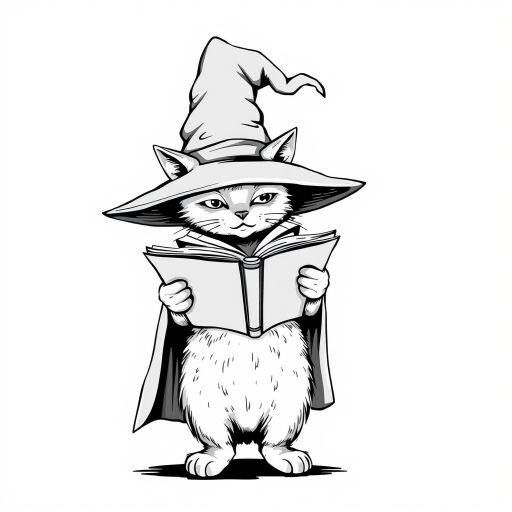 A grayscale illustration of a cat wearing a witch's hat and cloak. The cat is standing on its hind legs and is holding a spellbook in its paws and reading it intently. The hat is tall and pointed, with a wide brim and a pointed top. The cloak is draped over the cat's body, covering its body. The background is plain white, making the cat and the book the focal point of the image.
