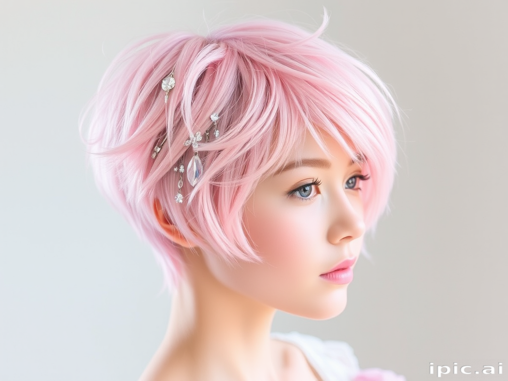 Ethereal pastel pink pixie cut with textured layers and wispy bangs, adorned with delicate crystal hair pins named "Cotton Candy Dreams" evoking whimsy and innocence