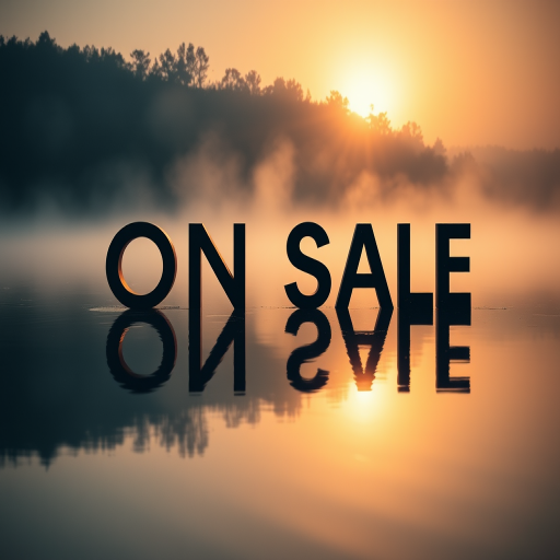 Create an image of the text "ON SALE" reflected in calm water with a misty background and a bright sun setting, using a DSLR camera with an aperture of f/8, ISO 100, and a shutter speed of 1/250s, in a wide-angle perspective to capture the serene atmosphere.
