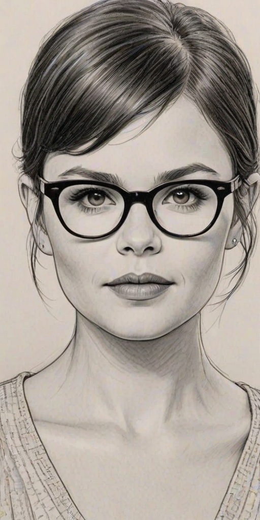 Radiant Ginnifer Goodwin, pencil sketch, portrait of Appealing woman 1958s in glasses, hair style beatnik, outline, clear lines, fine lines, 8k