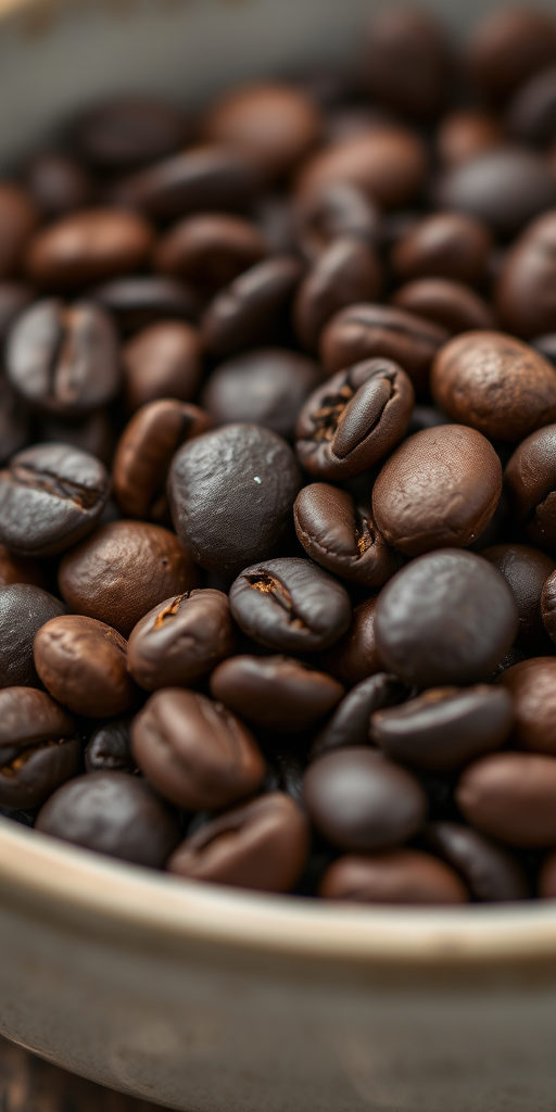 Close-up shot of dark roasted coffee beans in a shallow bowl, macro lens, aperture f/2.8, shutter speed 1/100 sec, ISO 200, natural light, DSLR camera.