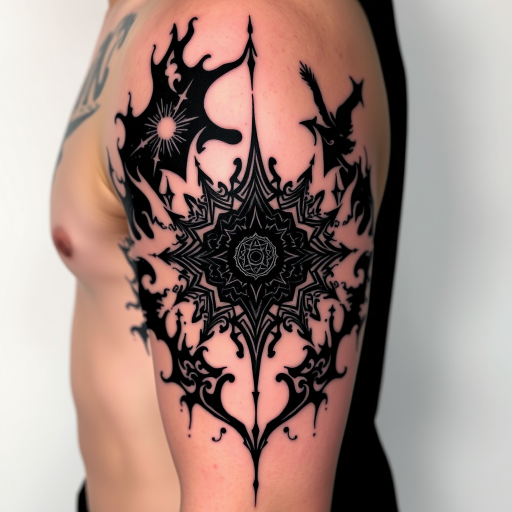 Blackout negative space tattoo named "Cosmic Void" featuring large areas of solid black ink with intricate designs carved out to reveal skin, creating a striking contrast