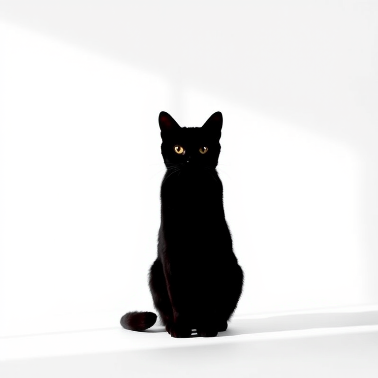 Generate an image of a minimalist black cat silhouette on a white background, captured with a DSLR camera, 50mm lens, aperture f/1.8, ISO 100, in soft natural lighting and centered composition.