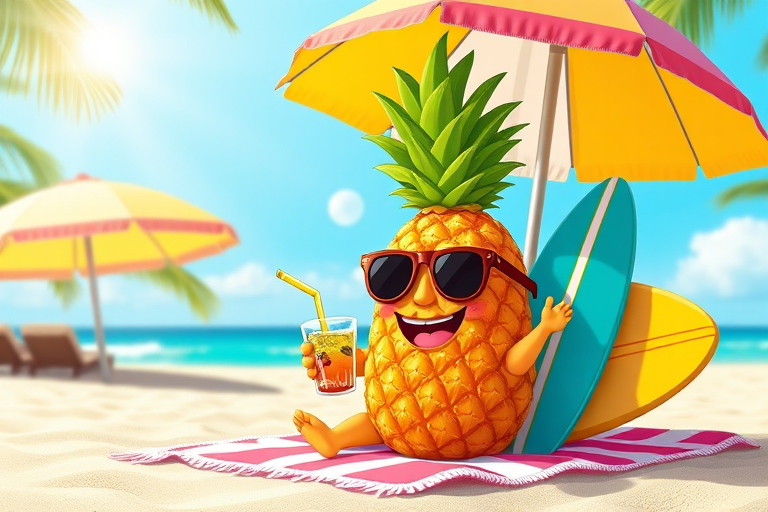 Create a vibrant digital illustration of a cheerful cartoon pineapple character sitting on a beach towel, holding a tropical drink with a straw, wearing sunglasses, with a surfboard next to it, under a colorful beach umbrella, in a sunny tropical setting, captured with a Canon EOS R5, 50mm lens, f/1.8 aperture, ISO 100, natural lighting, aiming for a crisp and vivid color palette.