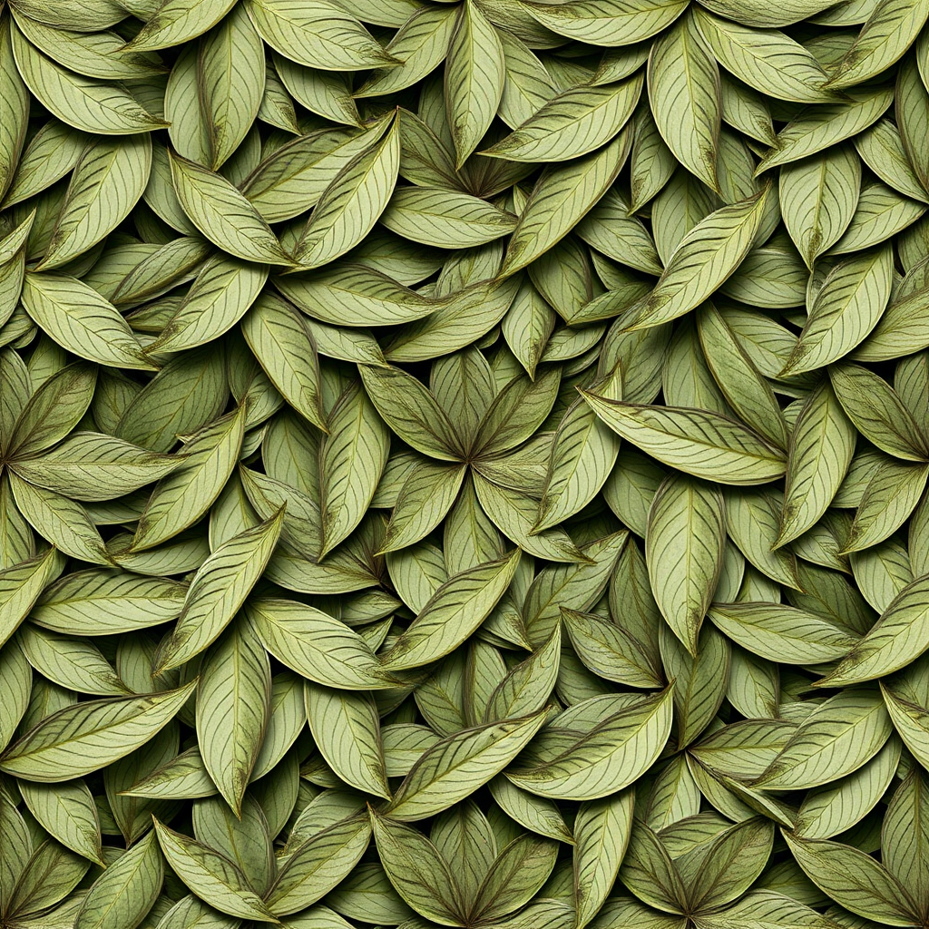 Create a seamless pattern of interwoven leaves in muted green tones, shot with a DSLR camera at f/8 aperture, ISO 100, 50mm lens, in a flat lay view with soft diffused lighting to enhance texture and detail.