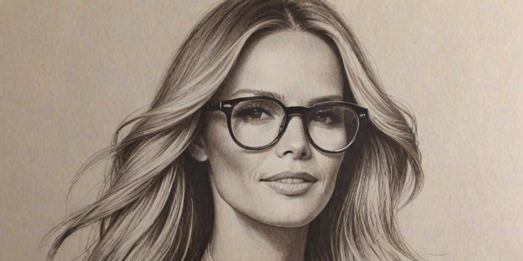 Magnificent Elle Macpherson, pencil sketch, portrait of Lovely woman 1970s in glasses, hair style beatnik, outline, clear lines, fine lines, 8k