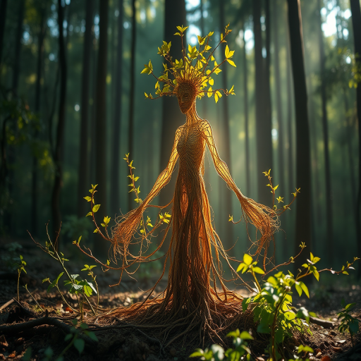 Regenerate an ethereal forest spirit with a body of intertwined roots and leaves, glowing softly in a sunlit forest, using a Canon EOS R5 with a 50mm f/1.2 lens, aperture set to f/1.8, ISO 100, shutter speed 1/200 sec, in a wide-angle view with a warm color palette and soft focus effects.