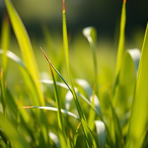 close-up of grass blades in natural sunlight with a shallow depth of field, 50mm lens, aperture f/2.8, ISO 100, captured in soft focus, DSLR camera
