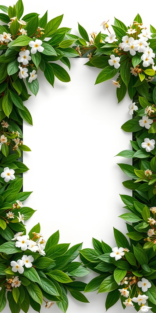 Create a high-resolution image of a rectangular white banner framed with lush green leaves and delicate flowers, using a DSLR camera at f/2.8 aperture, 50mm lens, in natural light, shot from a straight-on angle for clarity and depth.