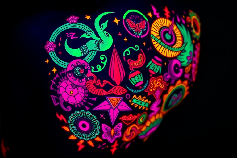 Vibrant neon UV tattoo named "Electric Dreams" featuring fluorescent ink that glows brightly under blacklight, depicting a psychedelic landscape of swirling patterns, geometric shapes, and fantastical creatures that come to life in the dark, perfect for those seeking a hidden dimension to their body art