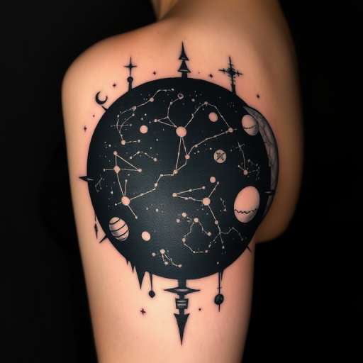 Blackout tattoo with negative space design revealing constellations and celestial bodies, solid black ink with precise white ink details, astronomical accuracy and otherworldly allure