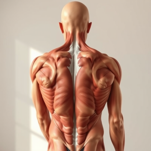 Create a detailed illustration of the human back musculature with a focus on anatomical accuracy, using a high-resolution camera set to 50mm lens at f/2.8, in a soft natural light setting, from a slightly elevated rear view, using a digital camera.