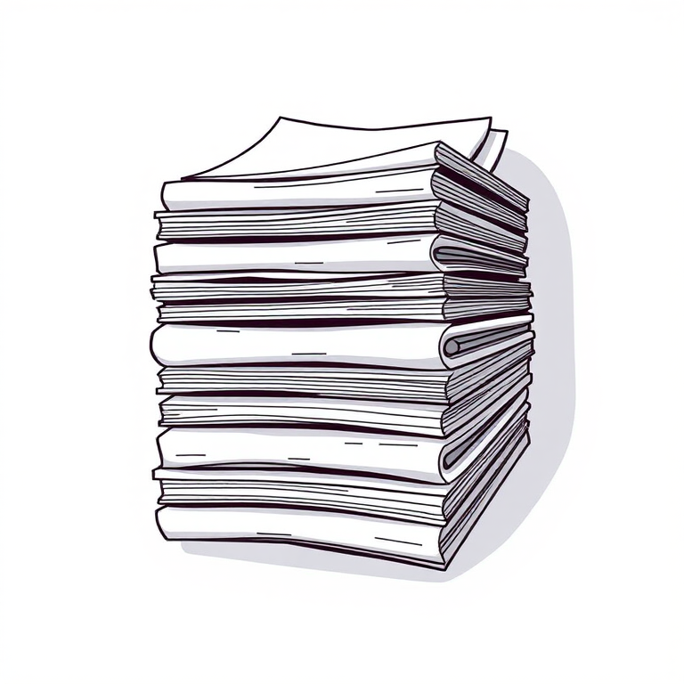 Create a detailed illustration of a stack of documents with a clean background, using a DSLR camera with an aperture of f/2.8, ISO 100, 50mm lens, shot from a top-down view to enhance clarity and depth.