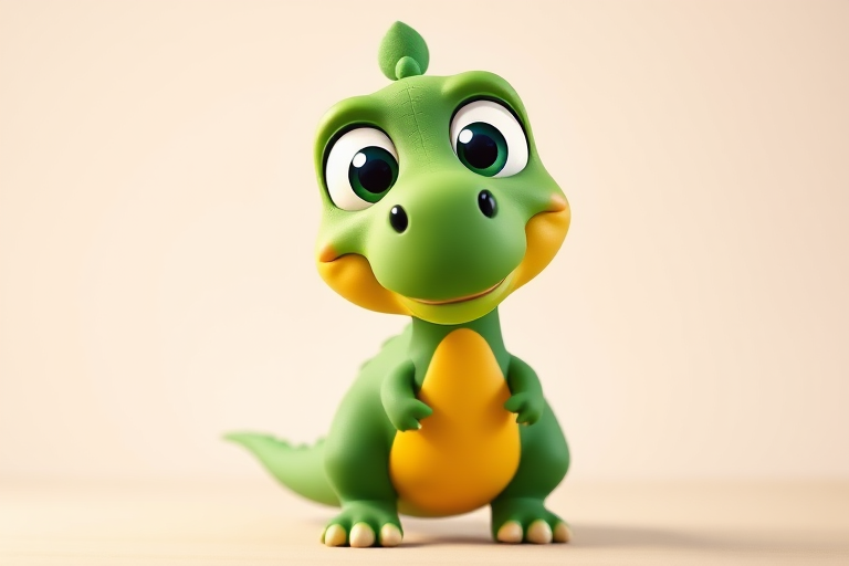 Create a vibrant cartoon image of a friendly green dinosaur with big eyes and a yellow belly, captured in a bright studio lighting setting, using a DSLR camera at f/2.8 aperture, ISO 100, and a 50mm lens for crisp detail and vivid colors.