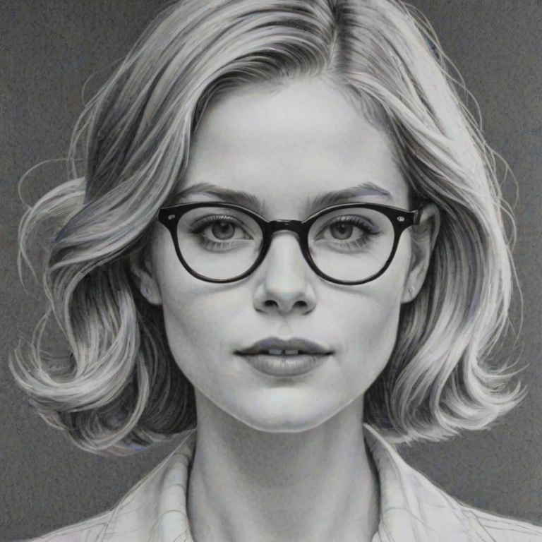 Stunning Erin Moriarty, pencil sketch, portrait of Delightful woman 1931s in glasses, hair style beatnik, outline, clear lines, fine lines, 8k