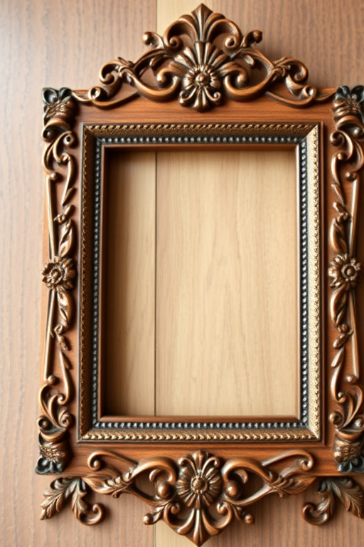 Create an ornate wooden picture frame with intricate carvings and a subtle textural background, captured using a DSLR camera at f/2.8, 50mm lens, ISO 100, 1/200 sec, in natural light, frontal view with a shallow depth of field to enhance image quality.