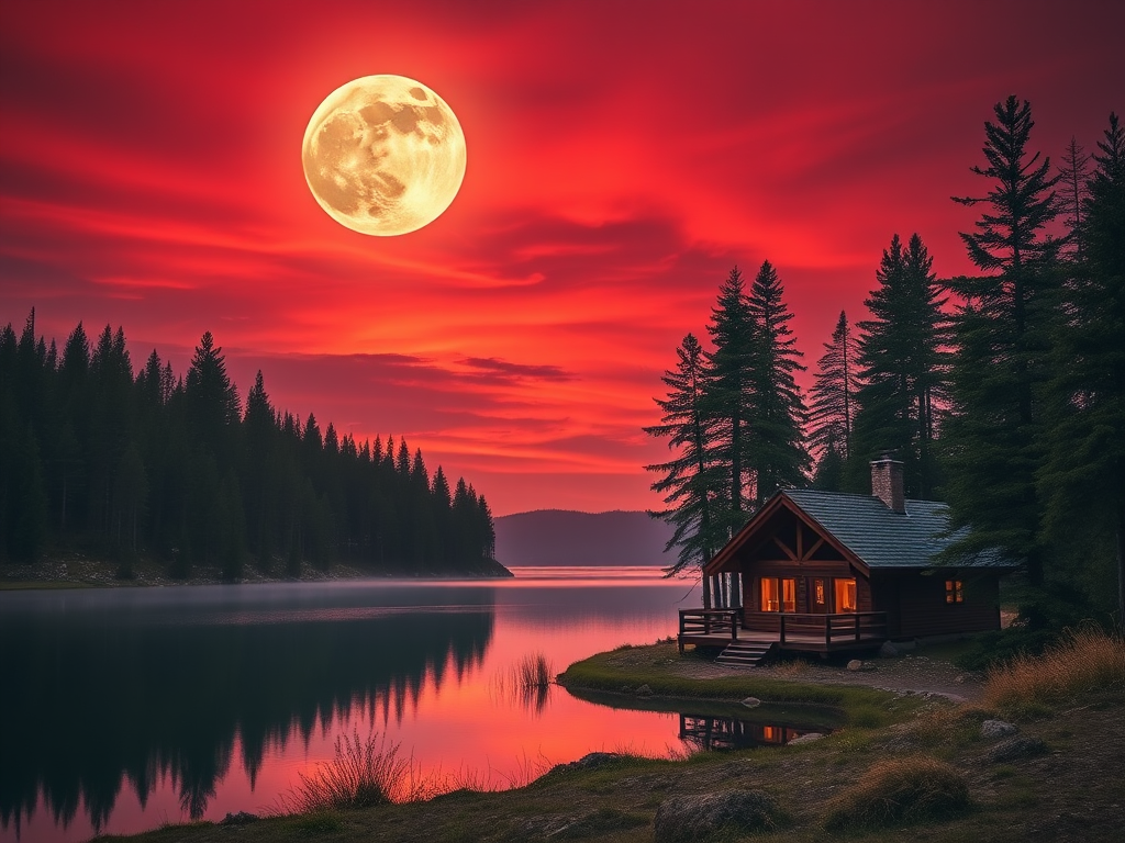 Generate a serene landscape showing a cozy cabin beside a still lake, surrounded by tall pine trees under a dramatic red sky with a large full moon, using a DSLR camera with a 24mm lens, aperture f/8, ISO 100, at twilight, in a high dynamic range style.