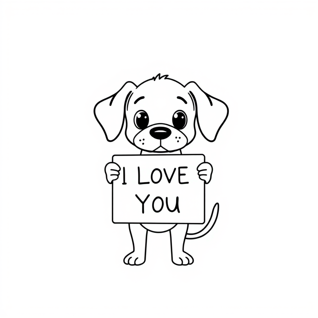 A minimalist cartoon of a PUPPY standing on a blank white background, holding a sign that simply says, 'I LOVE YOU.' The puppy is drawn with just a few lines: big eyes, whiskers, floppy ears, and a straight tail, giving it a comically desperate expression.