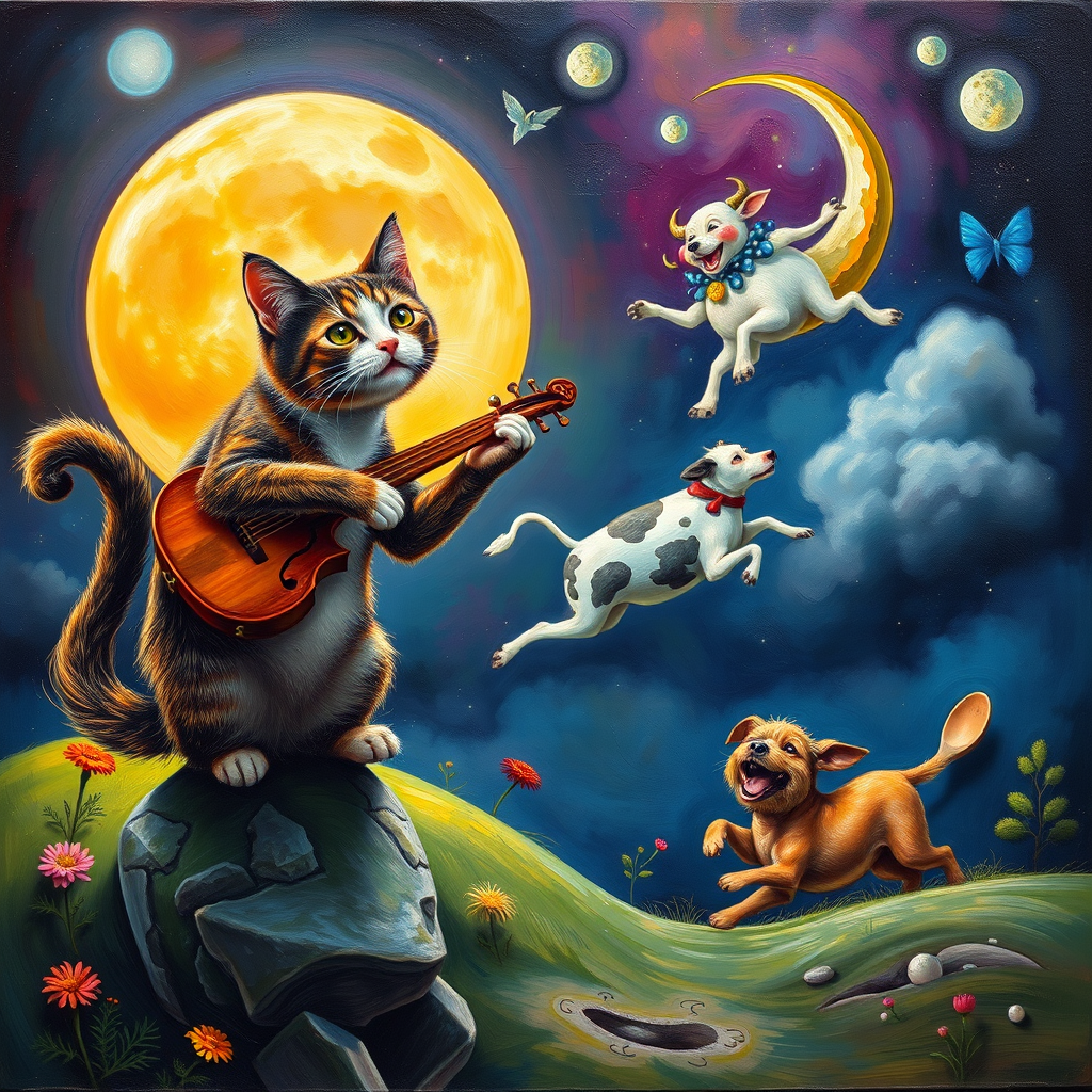 A whimsical hyper vibrant, hyper realistic and hyper detailed image of a cat and a fiddle, a cow jumping over a moon , a laughing dog, and a dish running away with a spoon, oil painting and airbrush