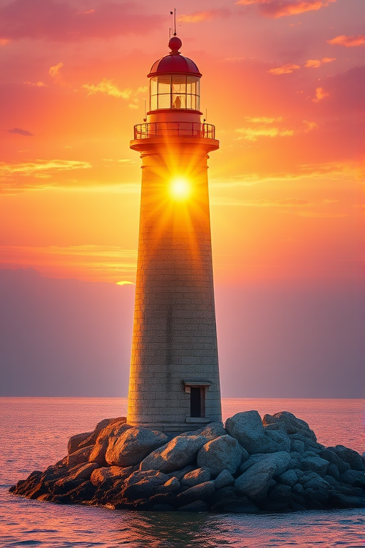 Generate an image of a tall lighthouse perched on a rocky outcrop surrounded by calm ocean waters during a breathtaking sunset. The lighthouse stands sturdy and weathered, its stone surface illuminated by the warm golden light of the setting sun. The sun's rays pass directly through the glass lantern room at the top of the lighthouse, casting a brilliant light across the scene. The sky is painted with vibrant shades of orange, pink, and purple, reflecting off the tranquil sea. The surrounding water shimmers with the same warm hues, creating a serene and majestic atmosphere.