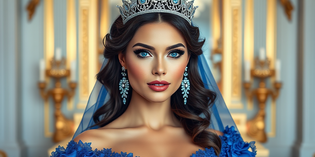 A gorgeous woman in a luxurious blue gown, accessorized with a dazzling tiara and statement earrings, her deep blue eyes highlighted by impeccable makeup, poised in a royal setting, photorealistic, 8K quality