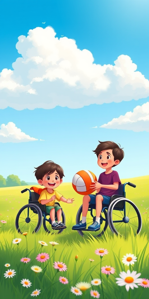 Generate a vibrant, cartoon-style illustration of two children in wheelchairs playing with a basketball and a volleyball on a sunny day in a green field with flowers, using a Canon EOS R5, 24mm lens, f/8 aperture, ISO 100, and a bright blue sky with fluffy clouds.