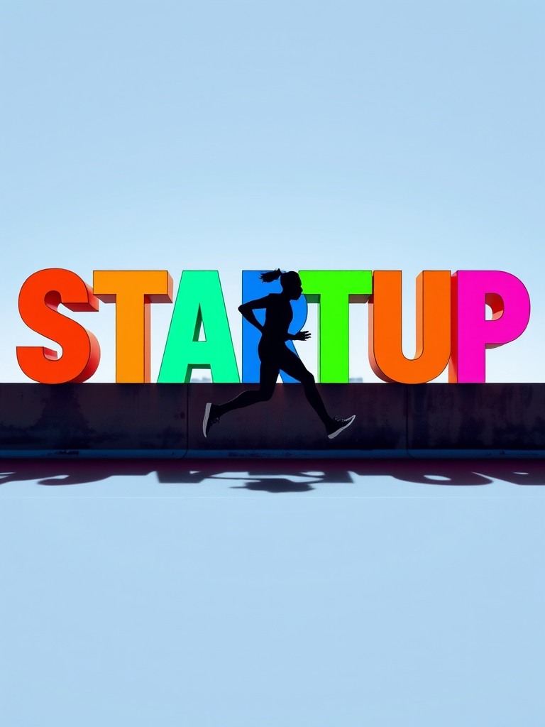 Create an enhanced image of the word "STARTUP" in bold, colorful letters with a silhouette of a sprinter in motion, using a 50mm lens, f/1.8 aperture, ISO 100, and a bright, natural light setting to ensure sharpness and vibrancy.
