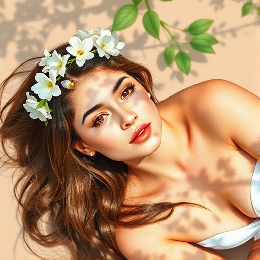 create a watercolor painting of an ethereal portrait of beautiful Hispanic woman with a simple white flower crown on her head. Her hair is long and she is lying on the ground. The sunlight on the trees casts shadows from the leaves on her face and body. The background is a neutral brown color that matches her skin tone. The image is minimalist and solid colors. This style is characterized by soft, delicate brushstrokes and a light, airy, contrasting color palette. High level of detail and play of light