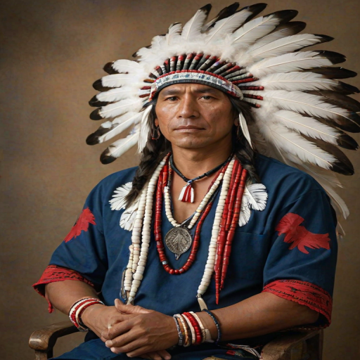 Create a dignified portrait of a Native American man dressed in traditional attire. He wears a beautifully crafted headdress adorned with white feathers and red beads, along with a beaded headband featuring intricate patterns. His clothing includes a deep blue, patterned shirt and a traditional chest piece with detailed beadwork. His arms are crossed, displaying leather armbands decorated with feathers. The background is simple and neutral, emphasizing his proud and stoic expression. The overall image captures the rich cultural heritage and strength of his persona.