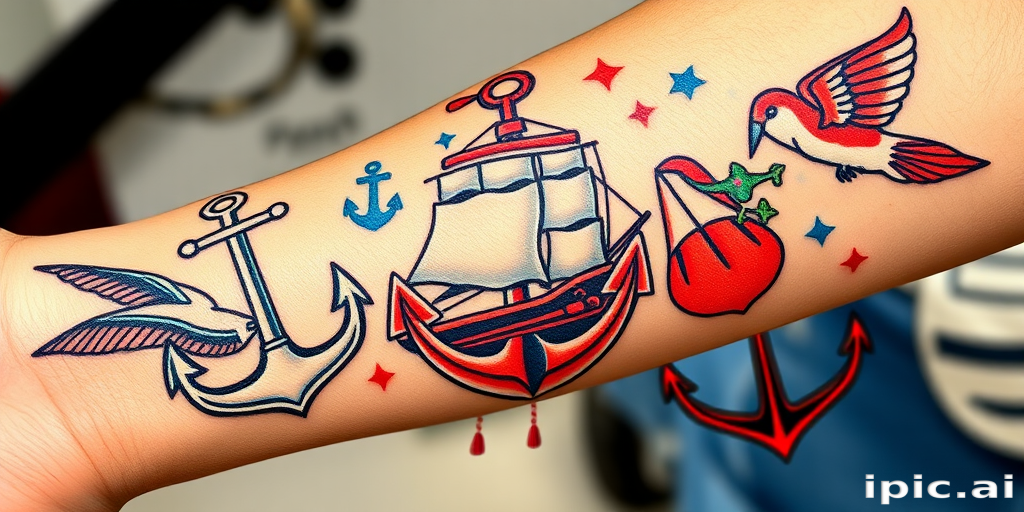 Traditional American tattoo style known as "Sailor's Pride" featuring bold outlines, vibrant primary colors, and classic nautical motifs like anchors, ships, and swallows, perfect for forearm or bicep placement