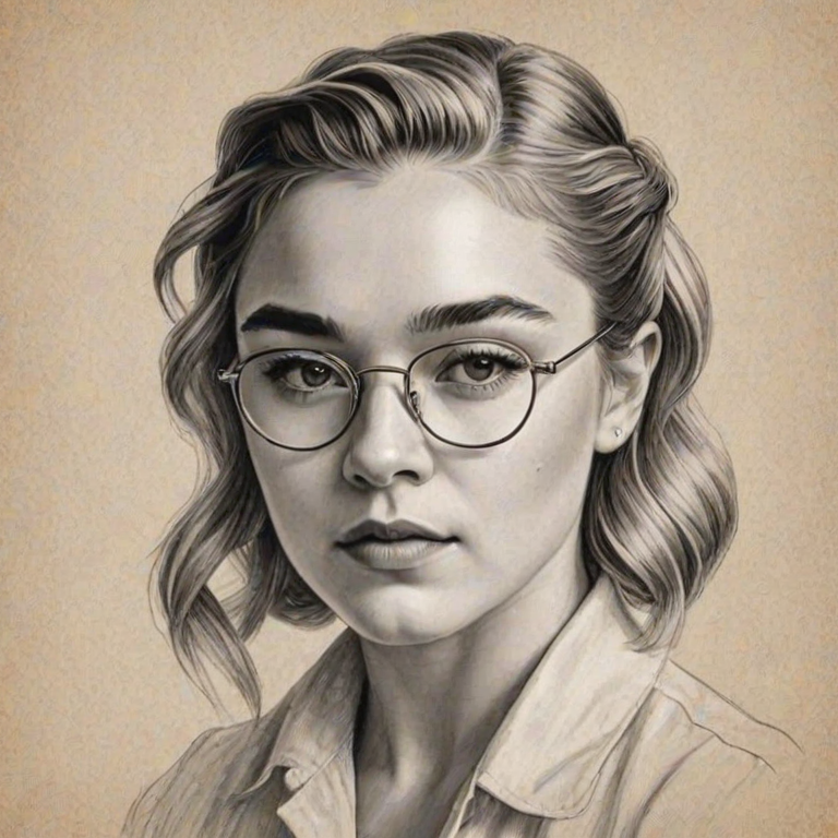 Exquisite Florence Pugh, pencil sketch, portrait of Appealing woman 1920s in glasses, hair style beatnik, outline, clear lines, fine lines, 8k
