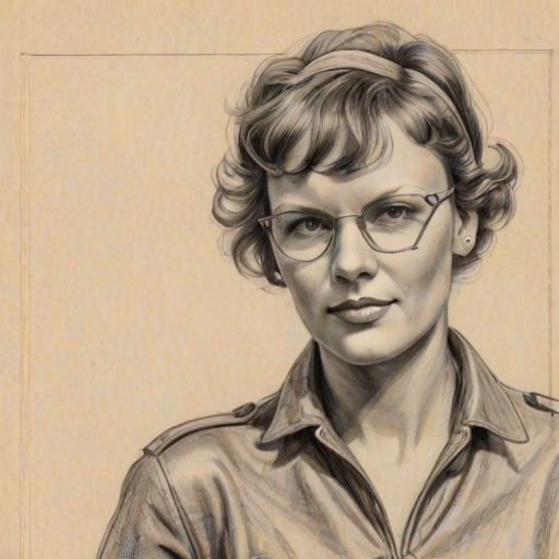 Alluring Amelia Earhart, pencil sketch, portrait of Alluring woman 1965s in glasses, hair style beatnik, outline, clear lines, fine lines, 8k