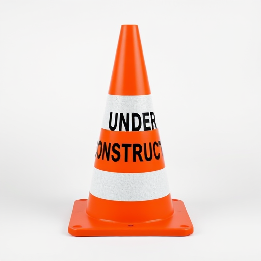 Create a high-resolution image of a bright orange traffic cone with three white stripes and a black "UNDER CONSTRUCTION" sign in bold uppercase letters, shot with a Canon EOS 5D Mark IV, 50mm lens, f/4 aperture, ISO 100, in a well-lit studio setting for optimal clarity.