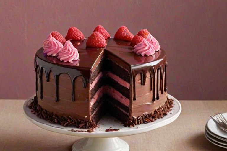 Create an image of a multi-layered chocolate cake with distinct layers of dark chocolate, raspberry mousse, and creamy pink filling. The cake should have a glossy chocolate ganache on top, adorned with fresh raspberries and chocolate shavings. Display a slice of the cake cut out to showcase the colorful layers. The background should be neutral and soft to emphasize the cake's details.
