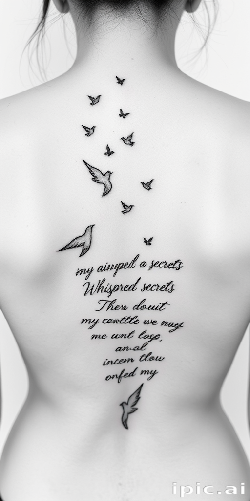 Minimalist black line art tattoo called "Whispered Secrets" depicting delicate silhouettes of birds in flight intertwined with flowing script words, creating an ethereal and poetic design for the back
