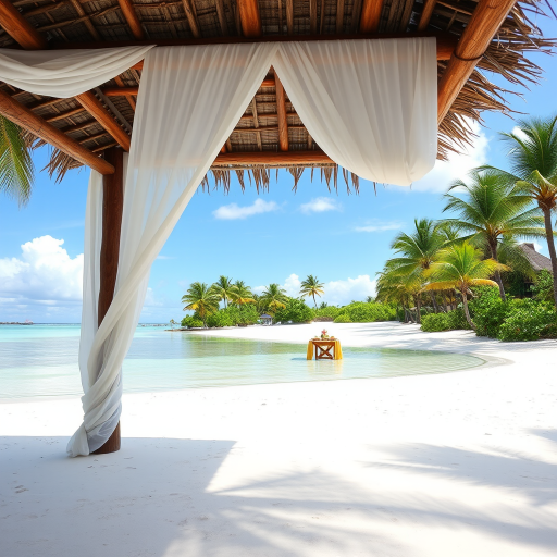 Create a picturesque tropical beach scene featuring a serene, white sandy shore. In the foreground, there's a rustic wooden canopy with white drapes gently flowing in the breeze. Underneath the canopy, a table is set with tropical decor, evoking a sense of relaxation and leisure. The beach extends into a calm, shallow water area with reflections of the sky and surroundings. Palm trees and lush greenery line the edge of the beach, providing a natural, tropical backdrop. The sky is clear with a few scattered clouds, and the overall atmosphere is tranquil and inviting, perfect for a peaceful retreat.