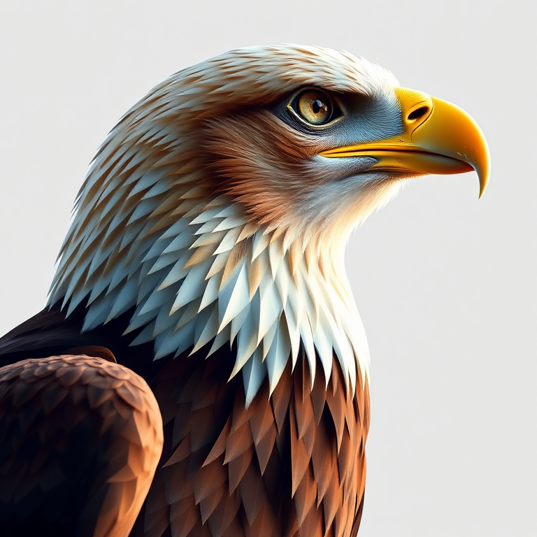 Render a high-resolution polygonal art style eagle portrait, camera settings: f/2.8, ISO 100, shutter speed 1/250, camera view: side profile, camera style: digital illustration, camera type: mirrorless camera.