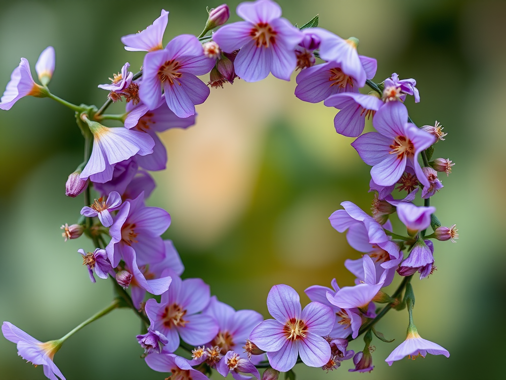 Create a circular floral frame with delicate purple flowers and rose gold rings, shot with a DSLR camera at f/2.8 aperture, 50mm lens, ISO 100, natural light, in a soft focus style.