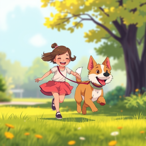 Generate a vibrant illustration of a young girl joyfully running with her playful dog on a leash in a cartoon style, using a Canon EOS R5, 50mm lens, f/1.8 aperture, ISO 100, bright natural lighting, and focus on dynamic motion to enhance color saturation and clarity.
