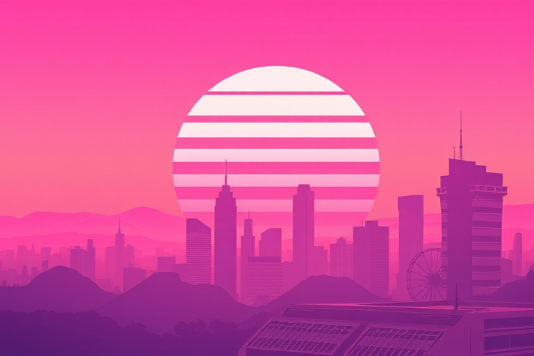 Generate a vibrant retro-futuristic cityscape at sunset with a large, stylized sun featuring horizontal stripes, soft purple and pink color palette, high-resolution, shot with a DSLR camera using a 50mm lens at f/1.8, ISO 100, capture in landscape orientation to emphasize depth and detail.
