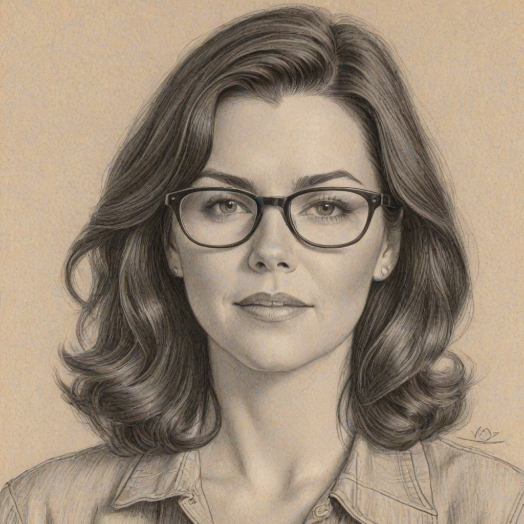 Appealing Lauren Graham, pencil sketch, portrait of Sublime woman 1939s in glasses, hair style beatnik, outline, clear lines, fine lines, 8k
