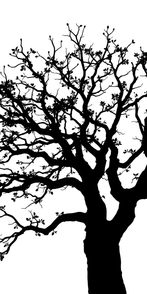 Create a high-resolution image of a stylized black silhouette of a tree with intricate branches and leaves against a white background, using a Canon EOS R5 camera, 50mm lens, aperture f/1.8, ISO 100, exposure time 1/200 sec, with a sharp focus and vibrant contrast.